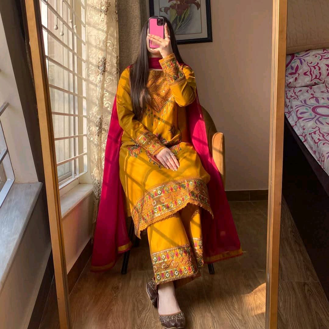 Sequence Embroidery Three Piece – Soft Cotton Salwar Kameez Set with Chiffon Dupatta